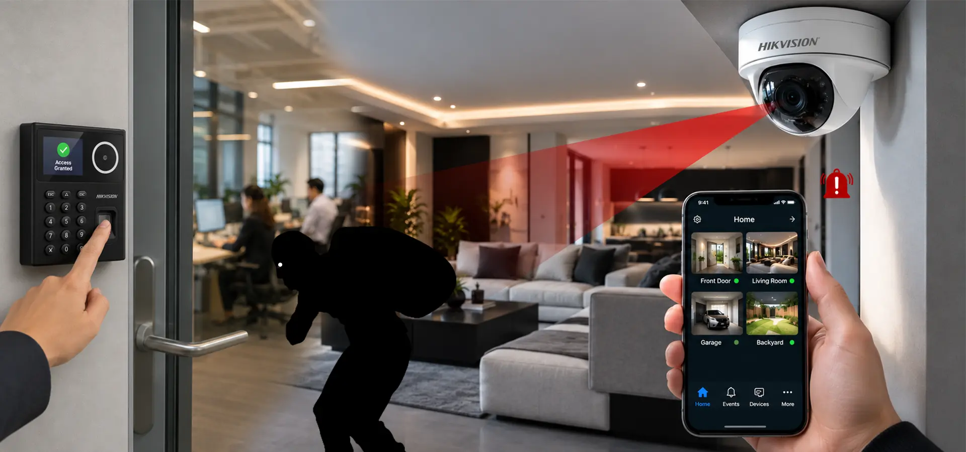 Illustration of CCTV surveillance, intruder detection and smartphone security monitoring in a modern building